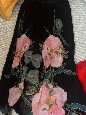 Daniel Rainn Black Midi Skirt with Pink and Teal Floral Print